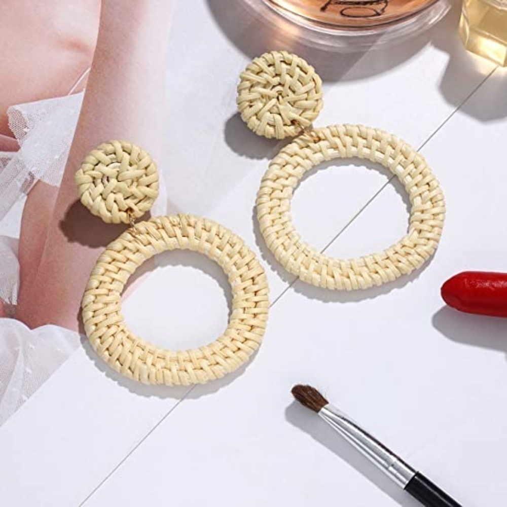 Weave Straw Double Disc Drop Earrings Boho Rattan Dangle Statement